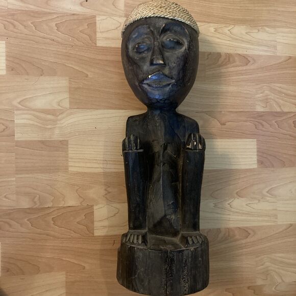Vtg African Tribal Wood Hand Carved Primitive Statue Seated Figure Rope Hat - Picture 1 of 13